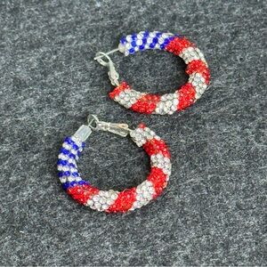Red, Blue, and Silver Crystal Hoop Earrings